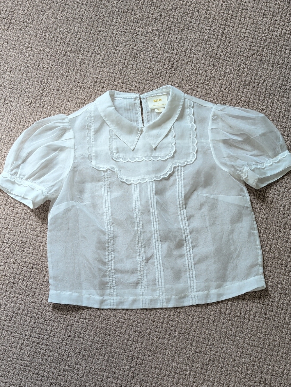 Sheer Short Puff-Sleeve Scallop Trim Blouse Peter Pan Collar Maeve Anthropologie - Picture 11 of 13